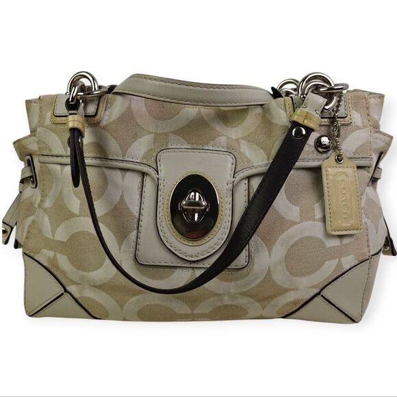 Coach Cream Genuine Leather CC Signature Canvas Shoulder Bag Tote Bag Pusre - Picture 5 of 13